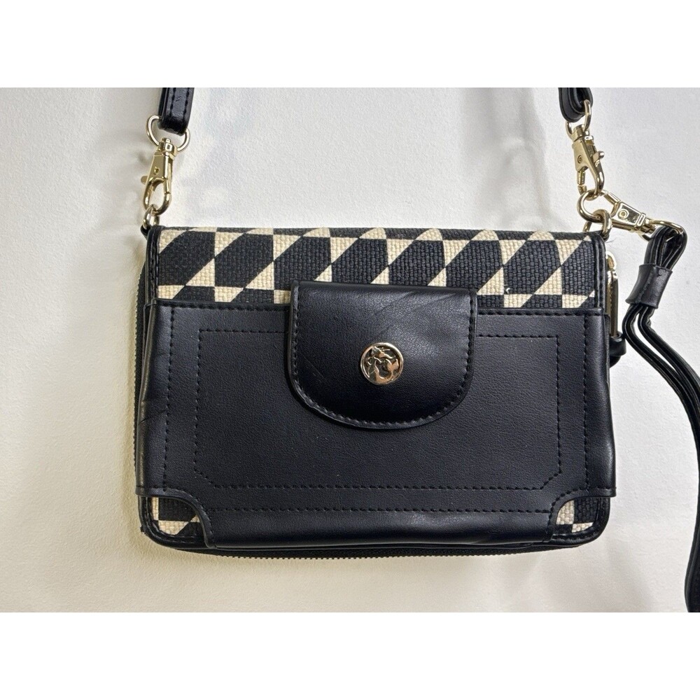 Spartina 449 Crossbody Wallet Black Leather Geometric Canvas Purse